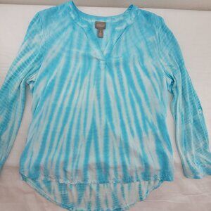 Chico's Top Women's L Aqua Blue White Roll Tab Sleeve Hi Low Popover